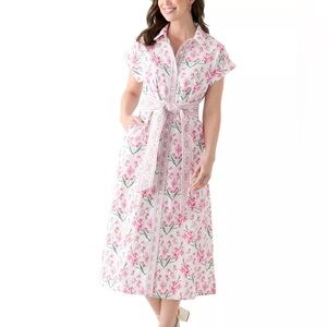 Crown & Ivy NWT Womens Printed Dolman Belted Midi Dress Short Sleeve Pink Floral